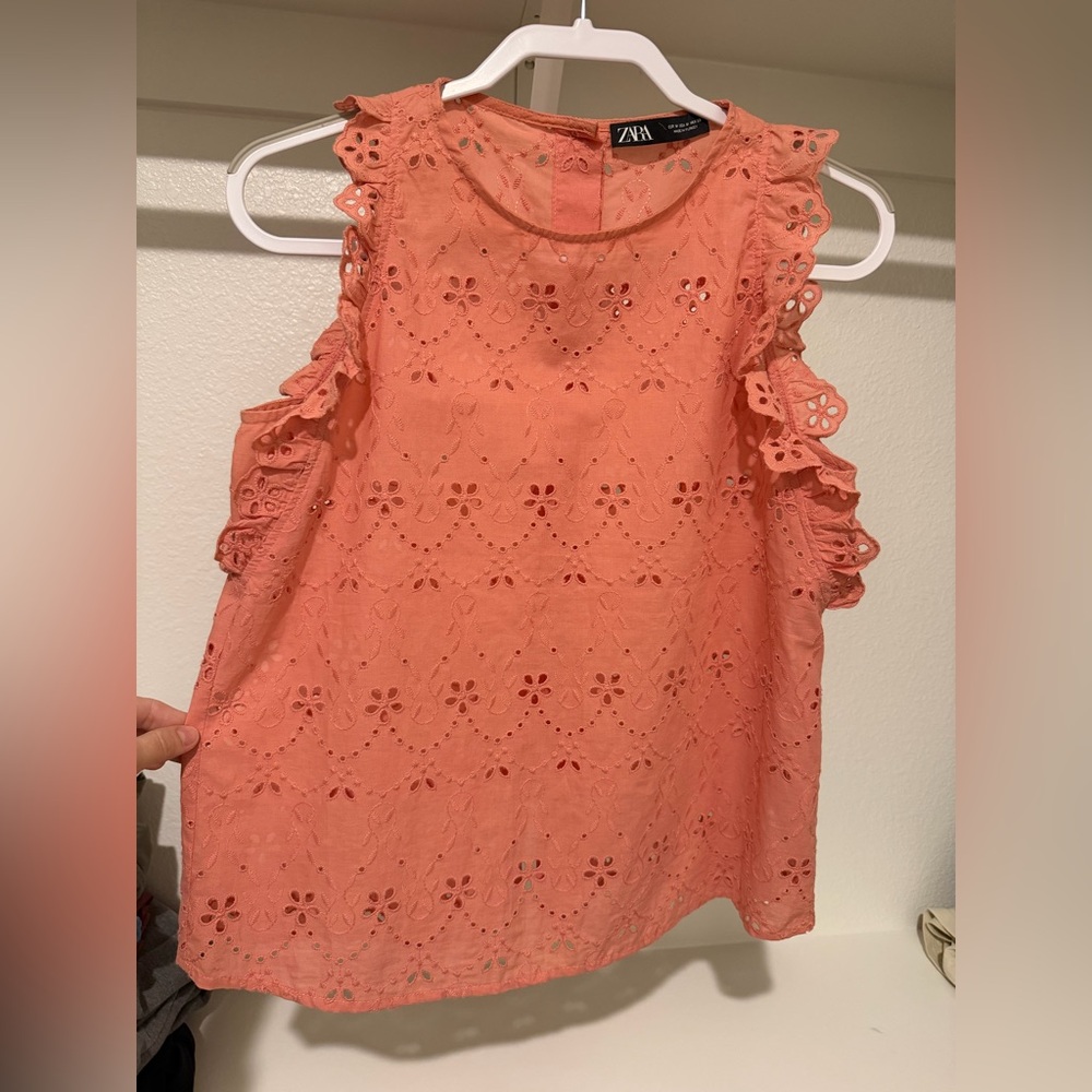 Zara Peach Eyelet Ruffle Blouse